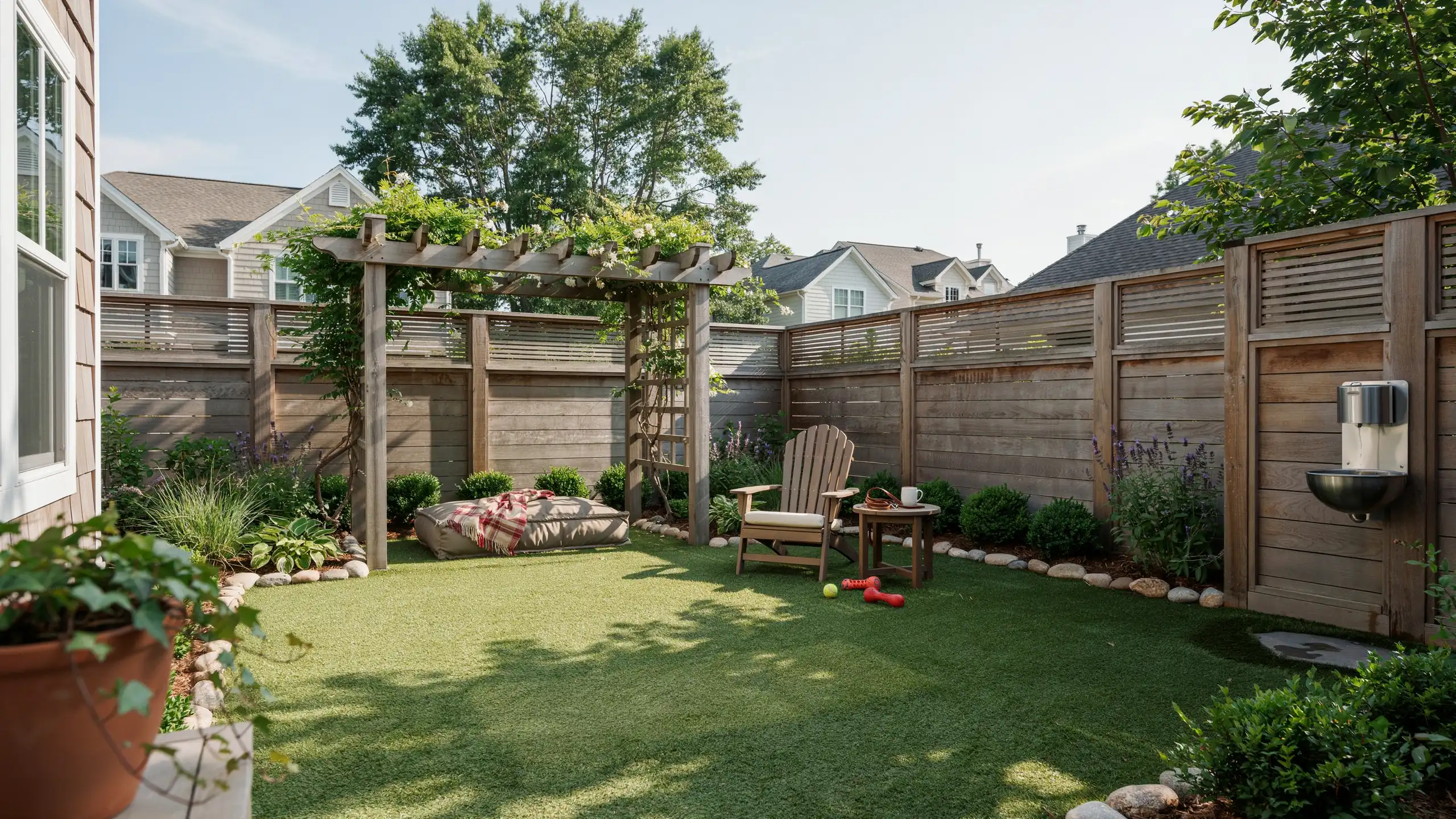 Pet-friendly backyard with durable turf, shaded areas, and safe outdoor landscaping.
