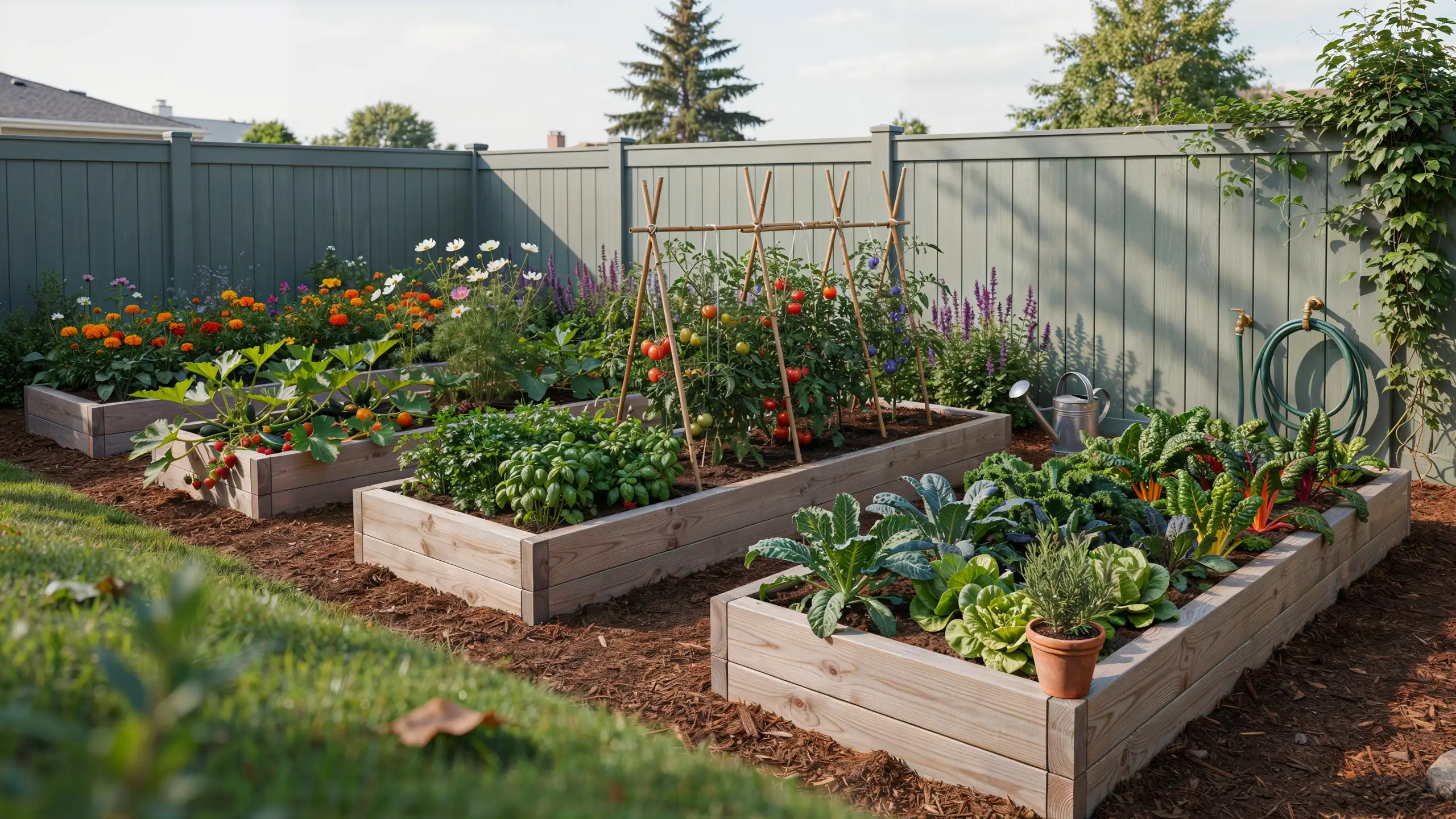 Backyard with finished raised garden beds filled with vegetables, herbs, and colorful plants.