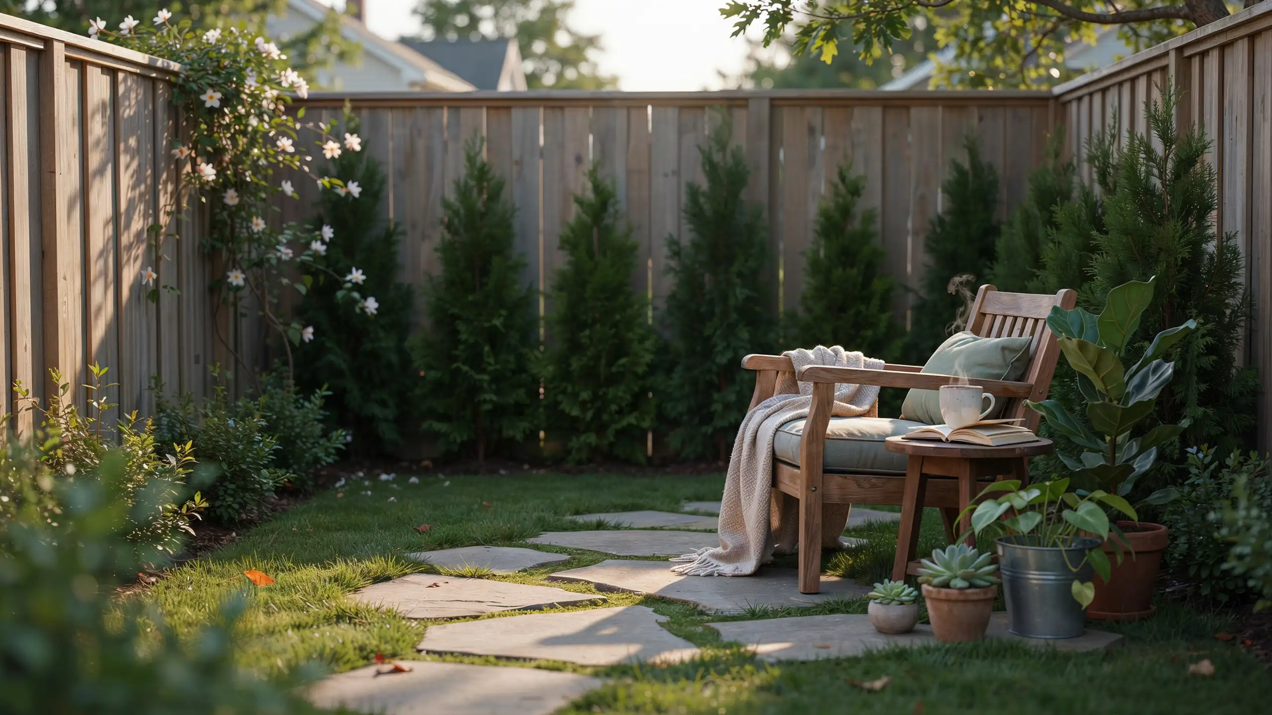 Cozy backyard relaxation corner with outdoor chair, cushions, side table, and greenery.