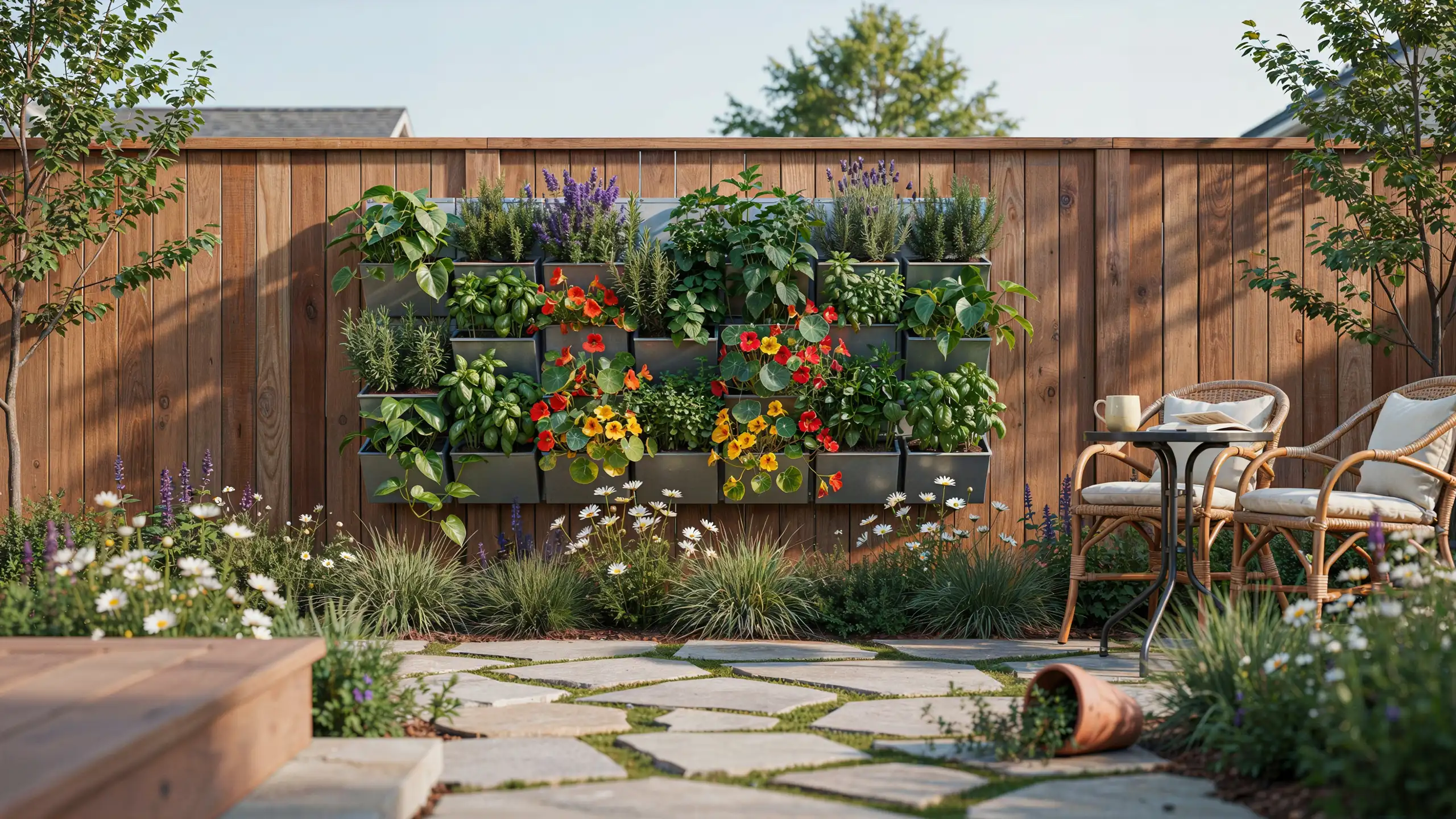 Small backyard with a finished vertical garden wall filled with plants and greenery along a wooden fence.
