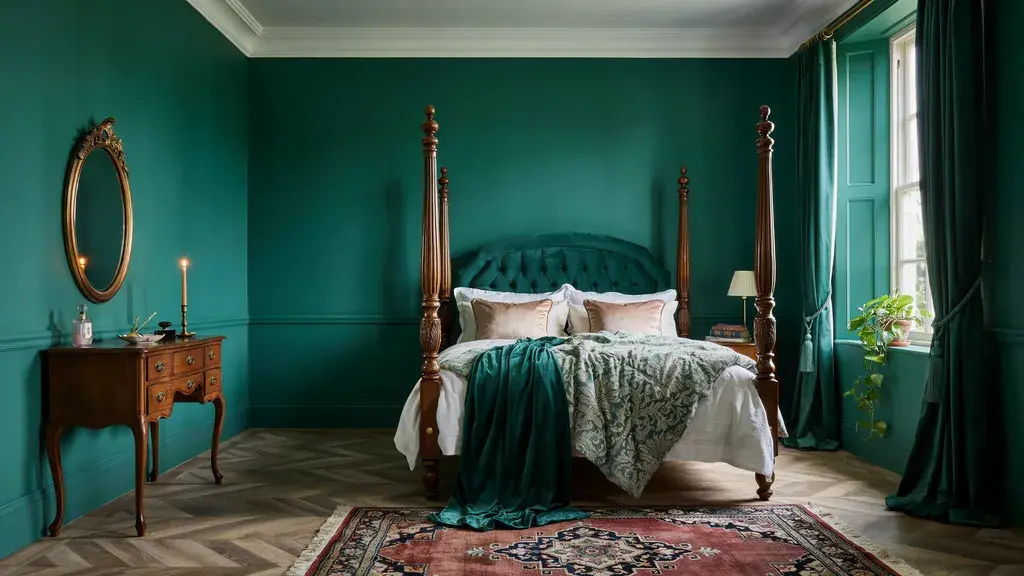 Modern Victorian bedroom with velvet bed, rich colors, and elegant classic details.
