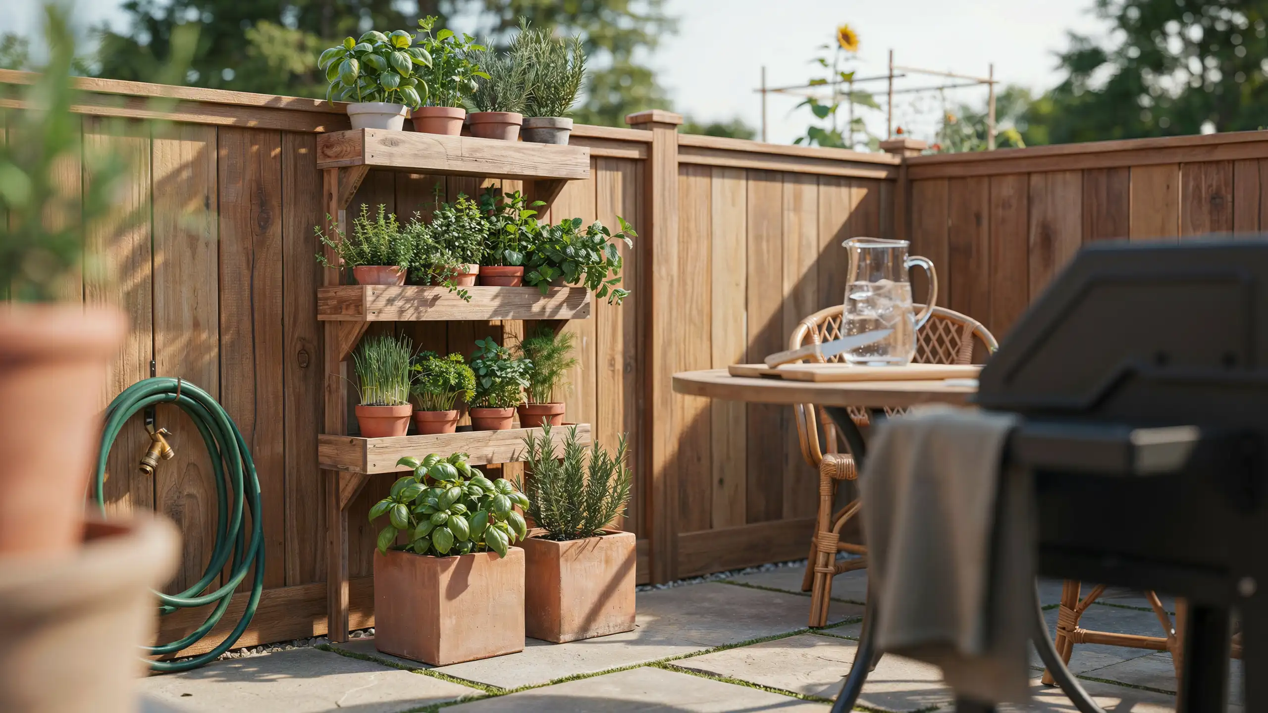 Small backyard herb garden corner with planters growing basil, rosemary, and fresh herbs.
