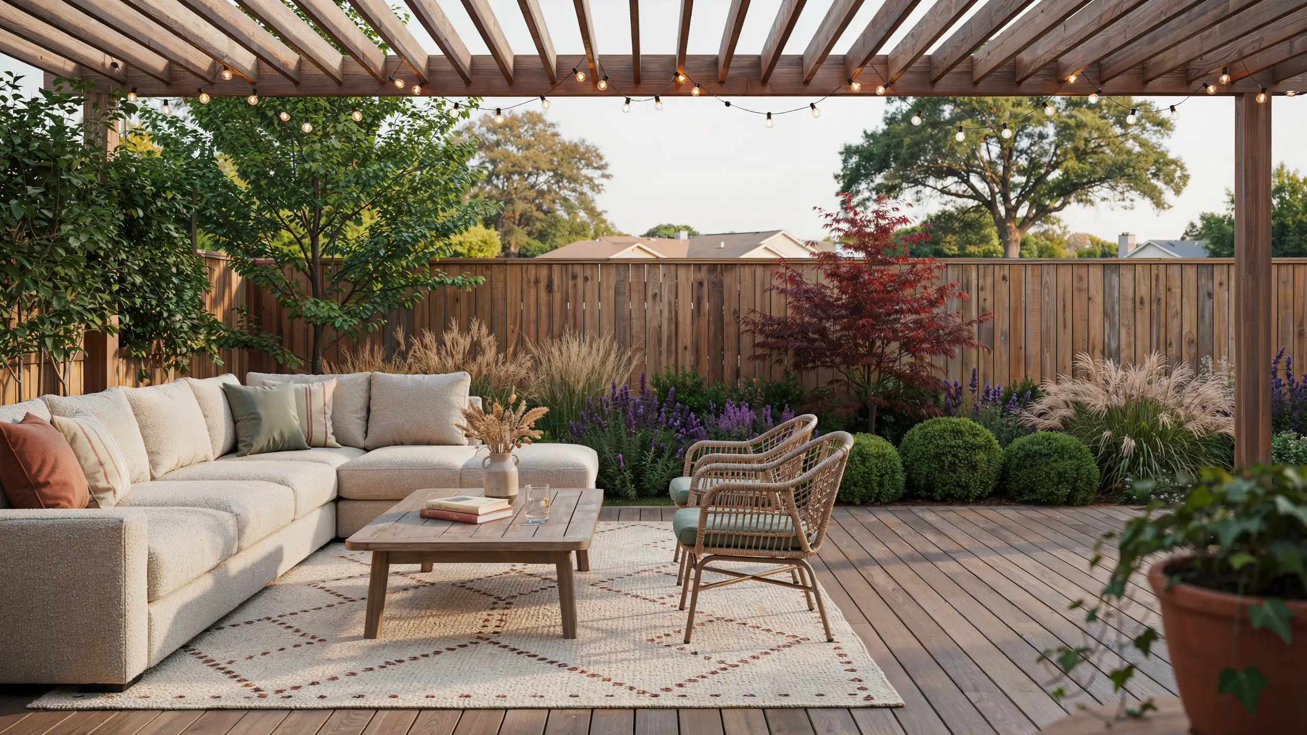 Backyard designed like an outdoor living room with seating, rug, lighting, and cozy décor.