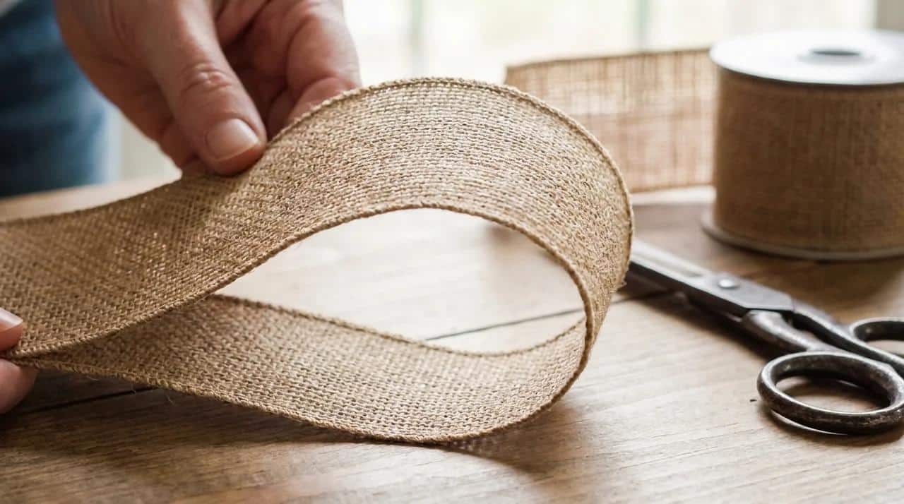 Creating the first loop of a wired burlap ribbon bow while keeping the ribbon flat and shaped.