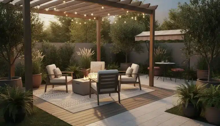 Outdoor patio with wooden pergola, cozy chairs around fire pit, string lights, and lush greenery