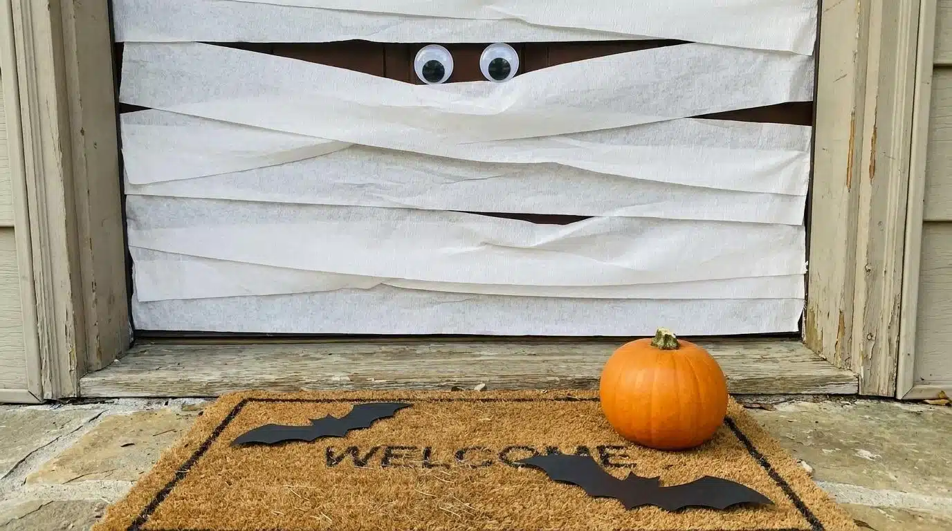 Front door wrapped in white crepe paper like a mummy with googly eyes