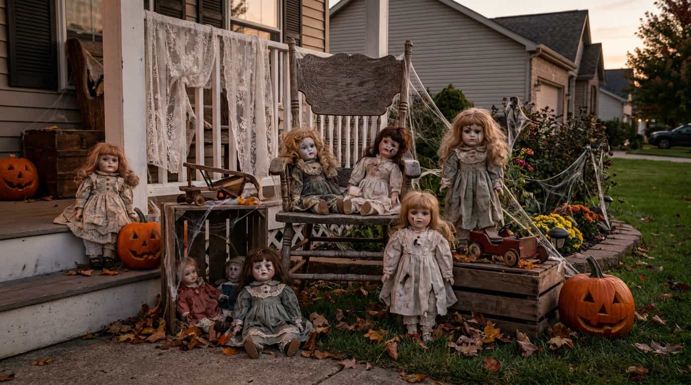 Creepy doll Halloween display with vintage dolls and spooky outdoor decorations