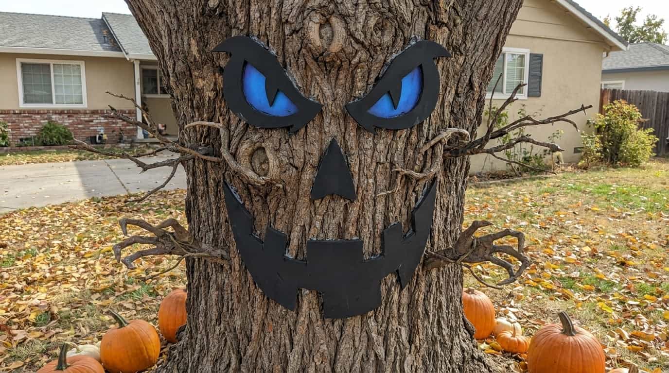 Halloween tree decoration with a spooky face attached to bark