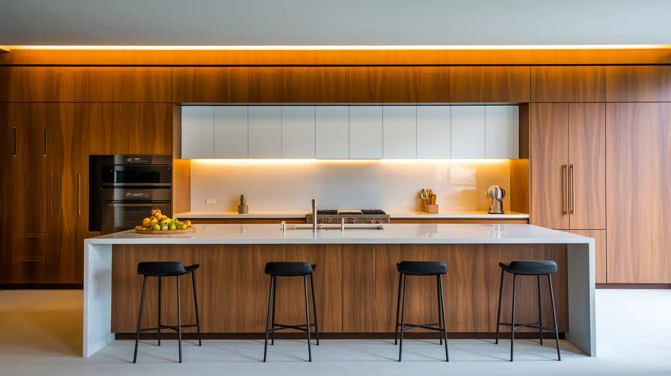 Modern minimalist kitchen featuring a long wooden island with black stools, white upper cabinets, and warm under-cabinet lighting.