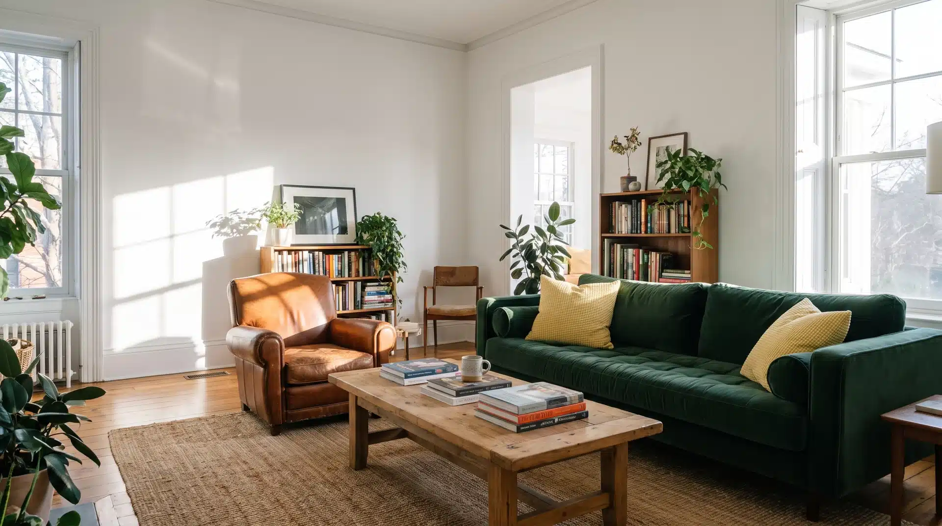 Full living room with Benjamin Moore Chantilly Lace white walls and forest green velvet sofa.