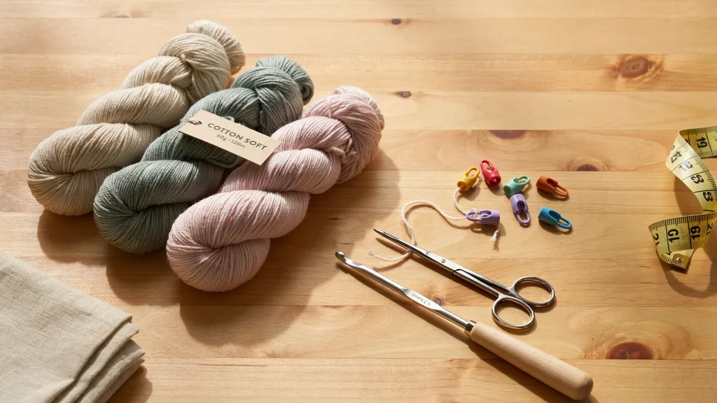Crochet bag pattern supplies including cotton yarn, a 5mm crochet hook, stitch markers, and scissors laid flat on a wooden table.