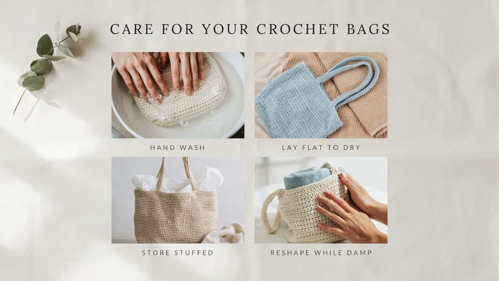 Crochet bag care steps shown with hand washing, flat drying, stuffed storage, and reshaping on a clean surface.