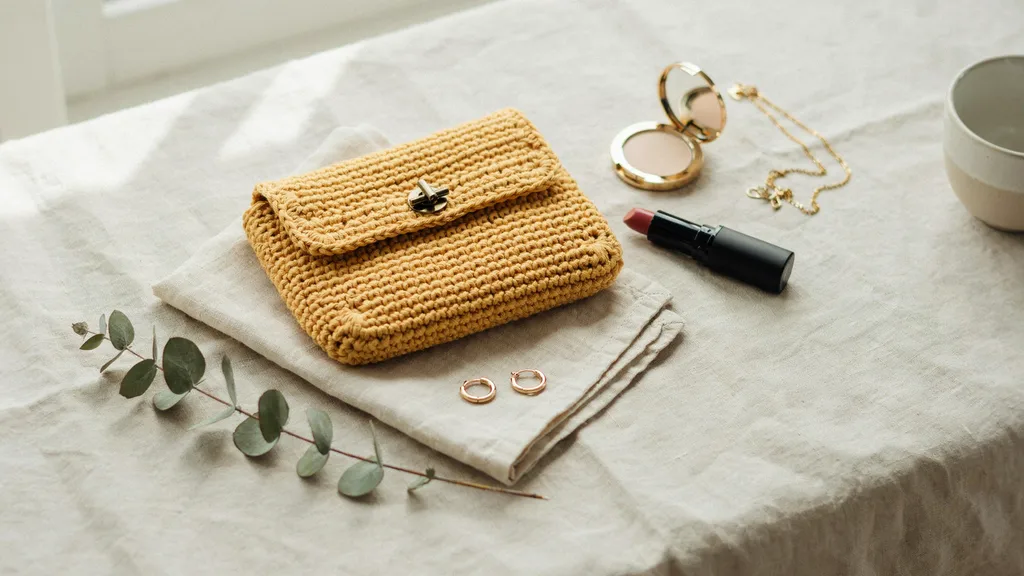 Elegant crochet clutch with flap and button closure on a linen surface.