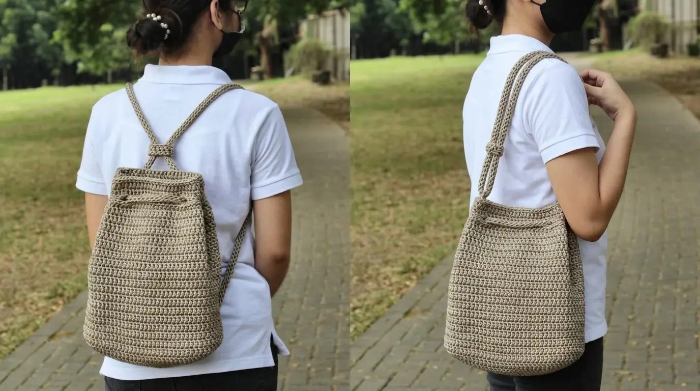 Convertible crochet bag styled as both a tote and backpack for travel use.