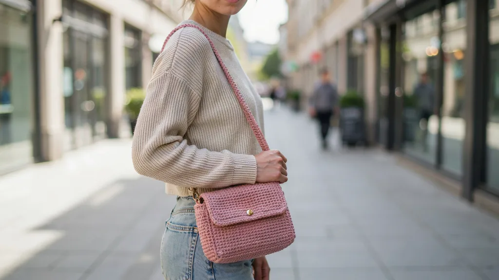 Small crochet crossbody bag worn hands-free with a slim adjustable strap.