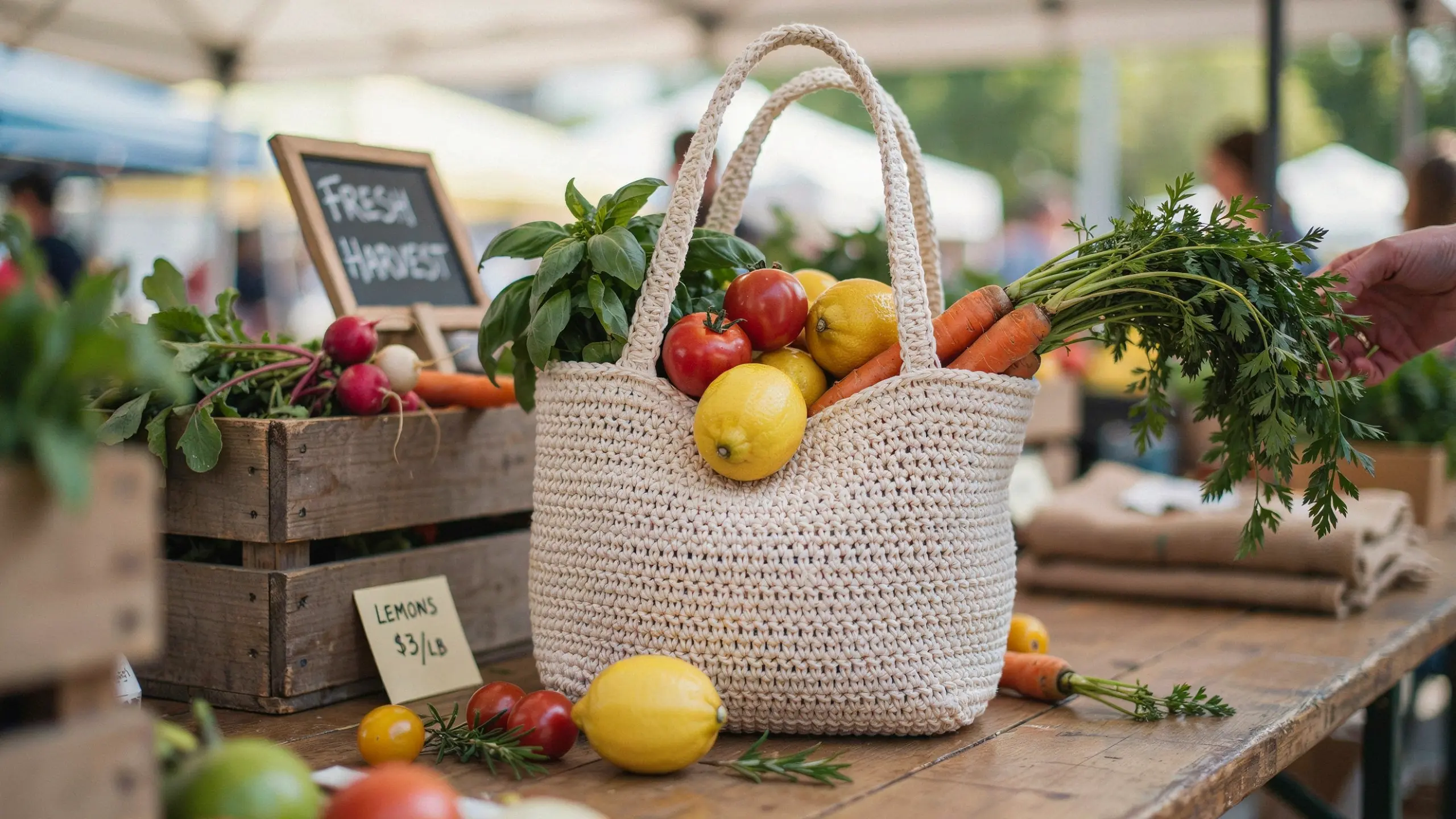 Open-top crochet market tote filled with produce at a farmers market stall.