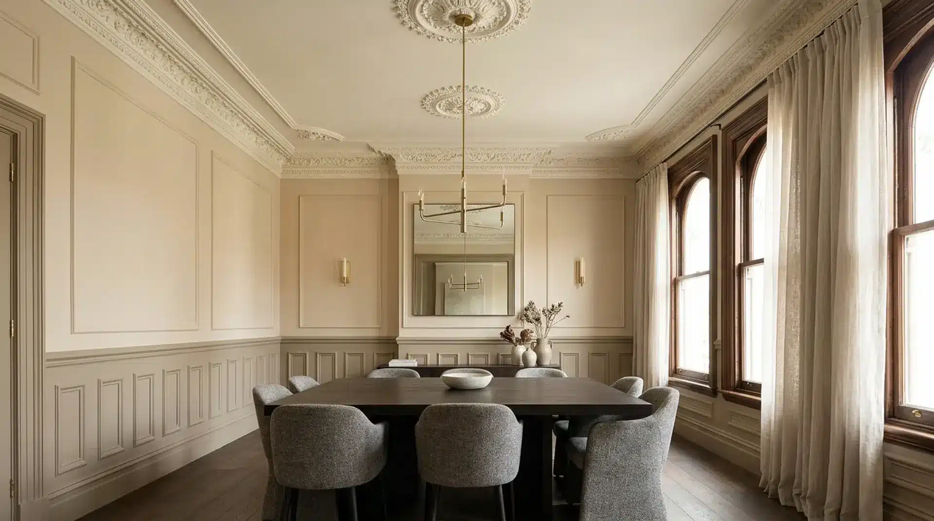Modern Victorian dining room with crown molding and elegant wainscoting details.