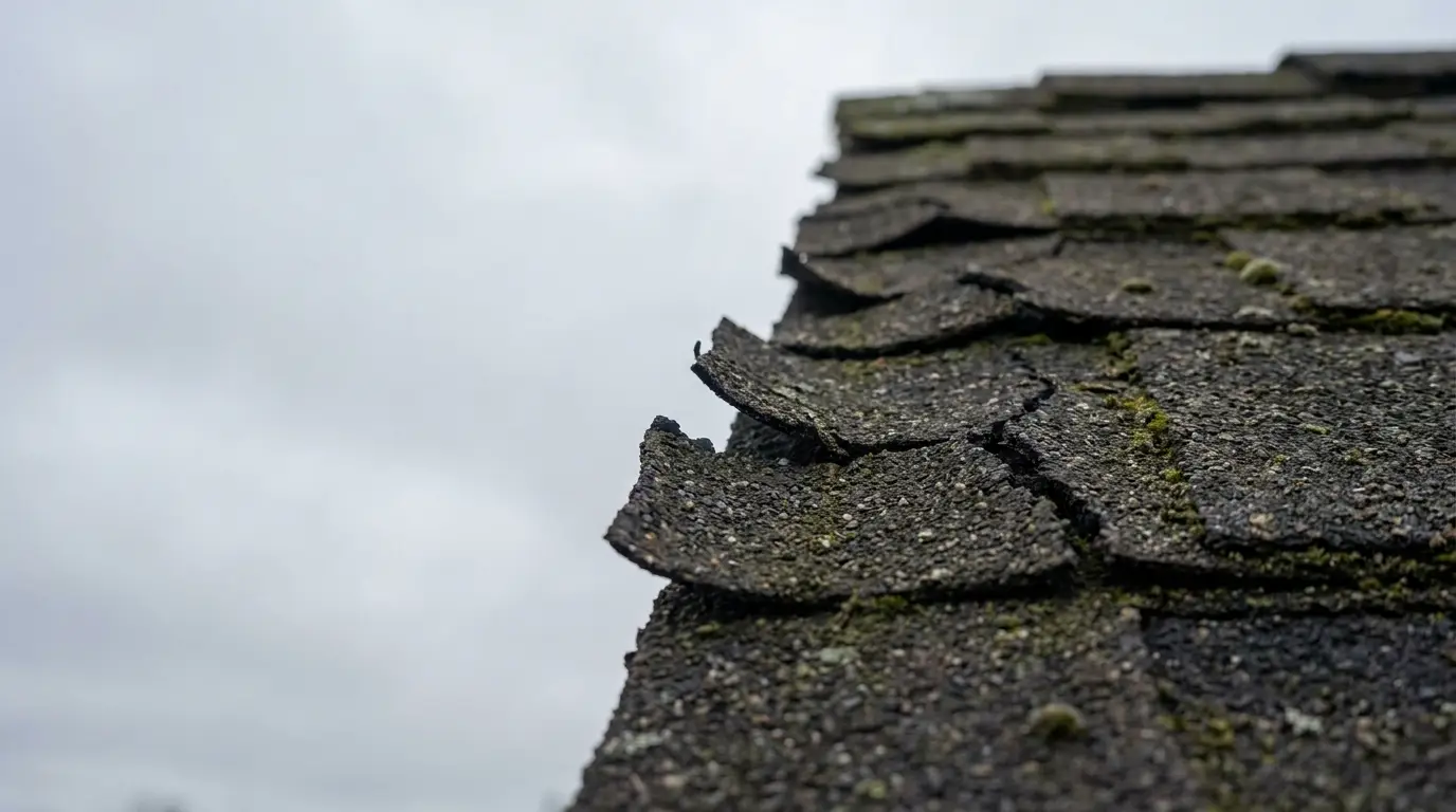 Close-up of weathered, moss-covered asphalt shingles on a rooftop under cloudy sky