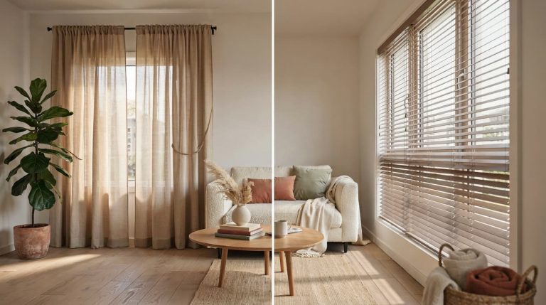 Modern room comparison highlighting the differences between curtains and blinds