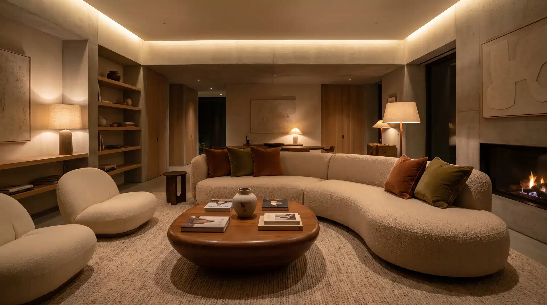 Curved boucle sofa in a luxurious 1970s inspired living space.