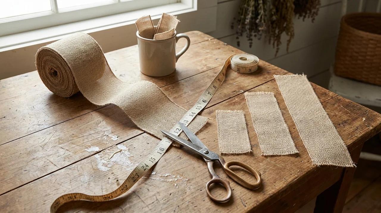 Measuring and cutting burlap ribbon pieces with scissors for making different bow sizes.