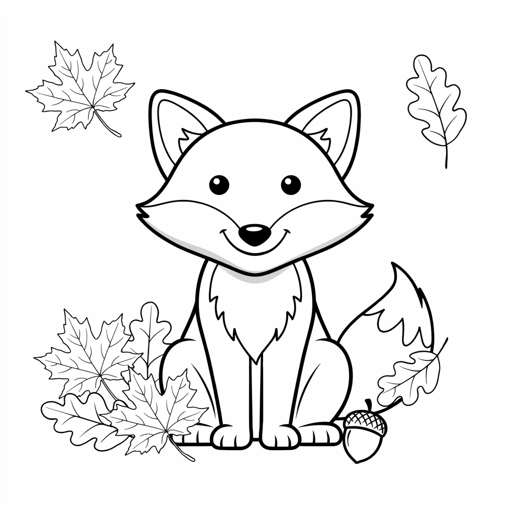 Cute fox fall coloring page featuring a cheerful fox surrounded by scattered autumn leaves, a favorite woodland animal design that kids love