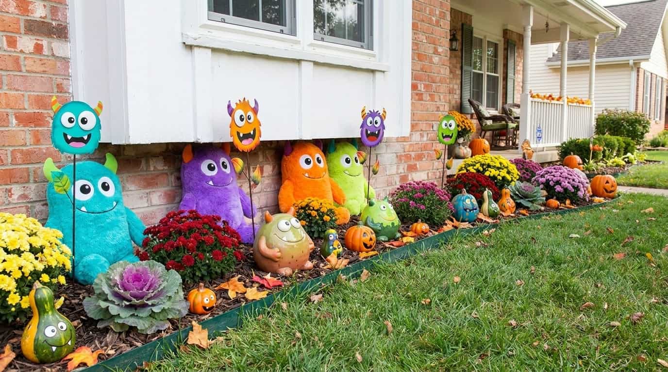 Colorful monster Halloween decorations placed around a family-friendly yard