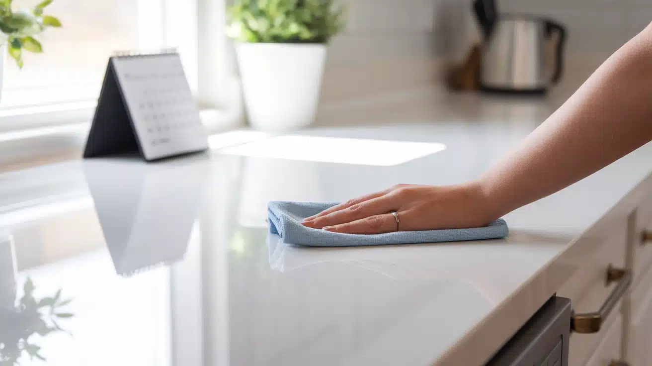 Close-up of a hand using a light blue microfiber cloth to wipe down a clean, glossy white quartz countertop in a kitchen