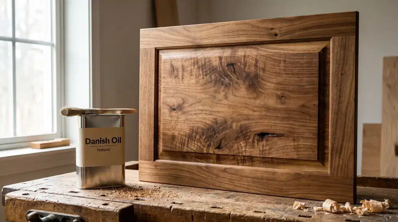 Danish oil tin beside finished wood panel showing natural low-sheen wood finish result.