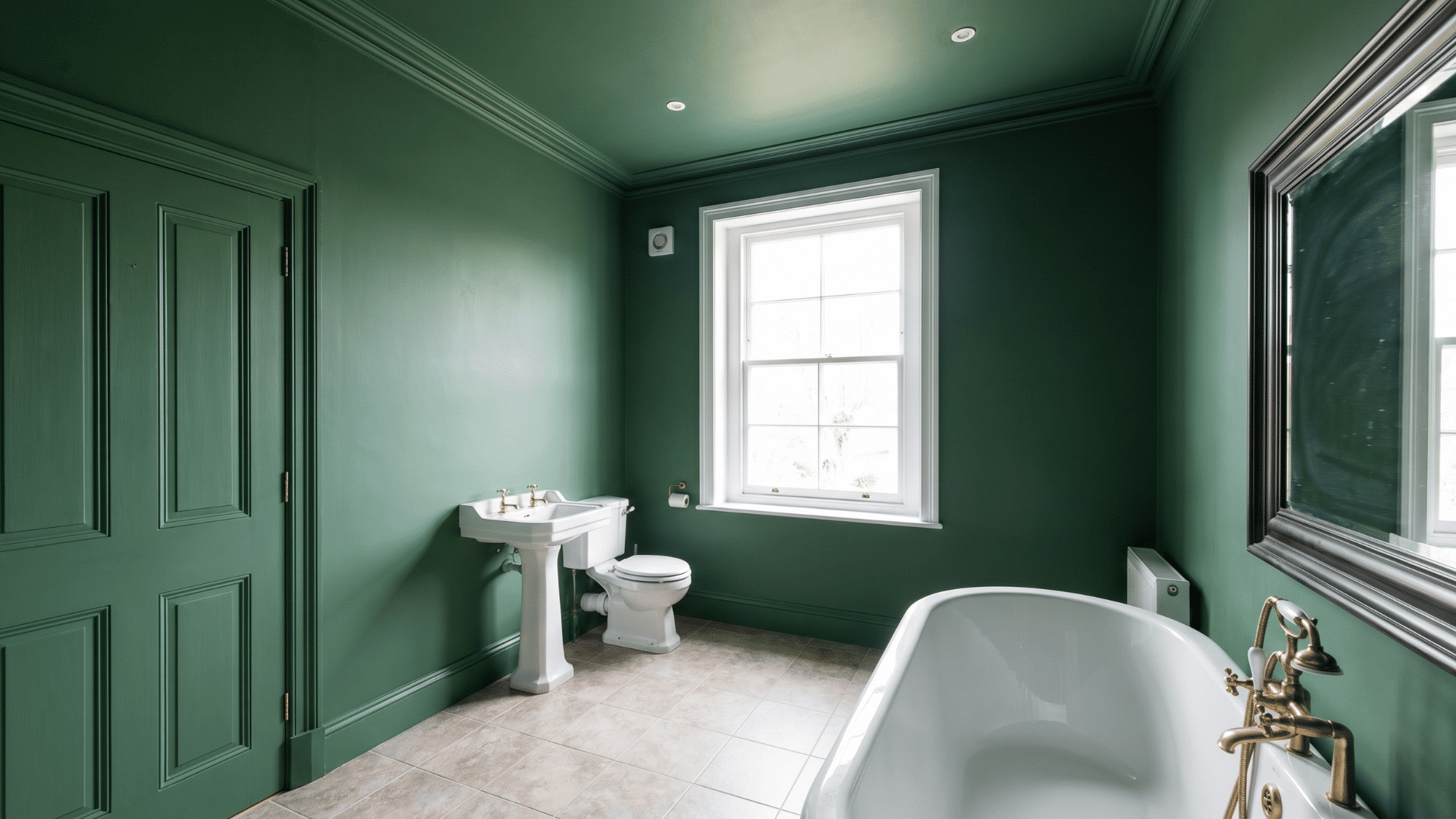 Large bathroom with dark green walls, bathtub, pedestal sink, toilet, and window.