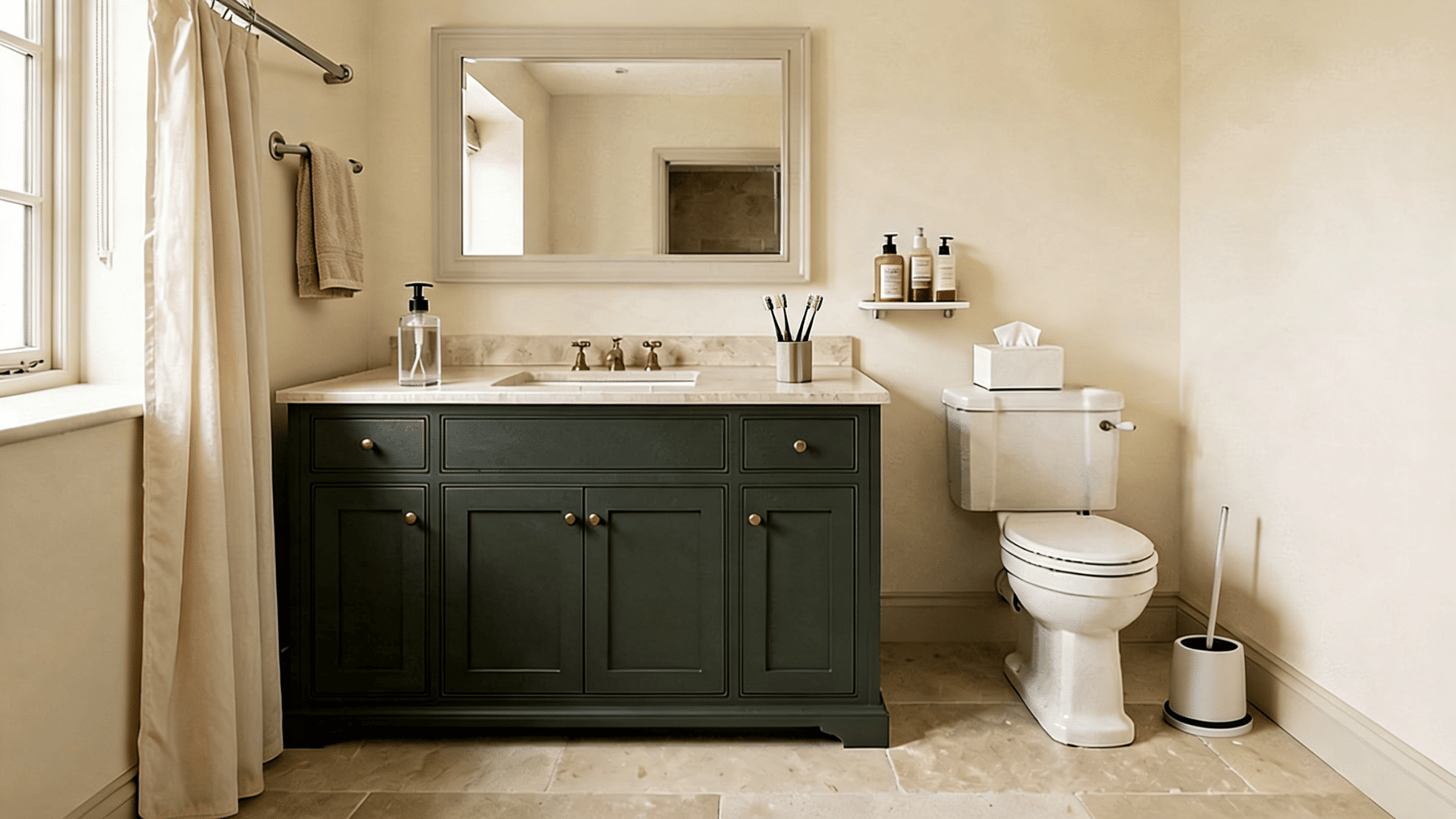 Bathroom with forest green leaf wallpaper, white vanity, mirror, shelf, and toilet.