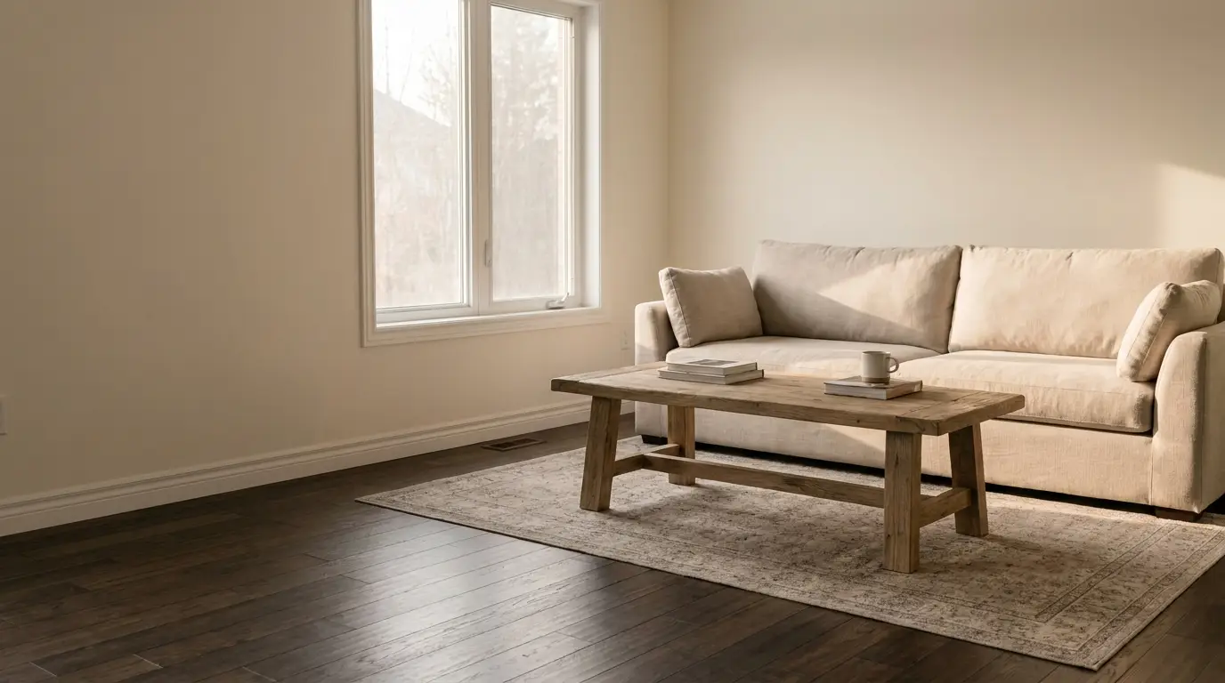 Beige sofa and wooden coffee table in a sunlit living room with hardwood floors