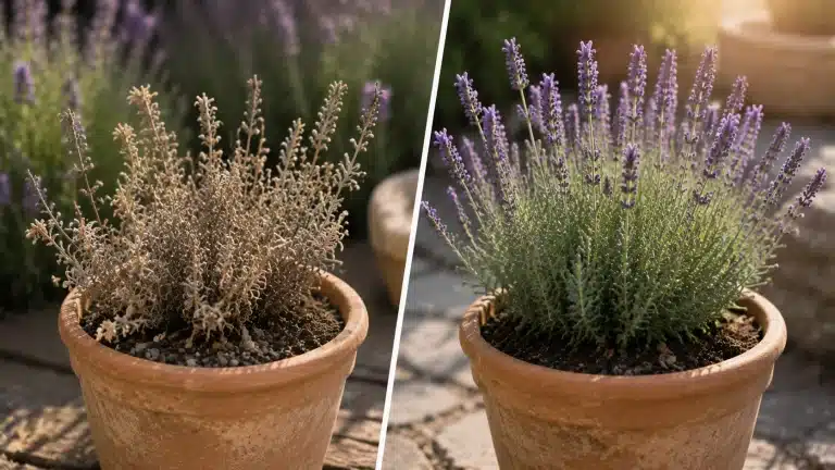 Dead lavender plant compared with healthy growth, showing dry stems, brittle leaves, and key signs of plant decline in a garden setting.