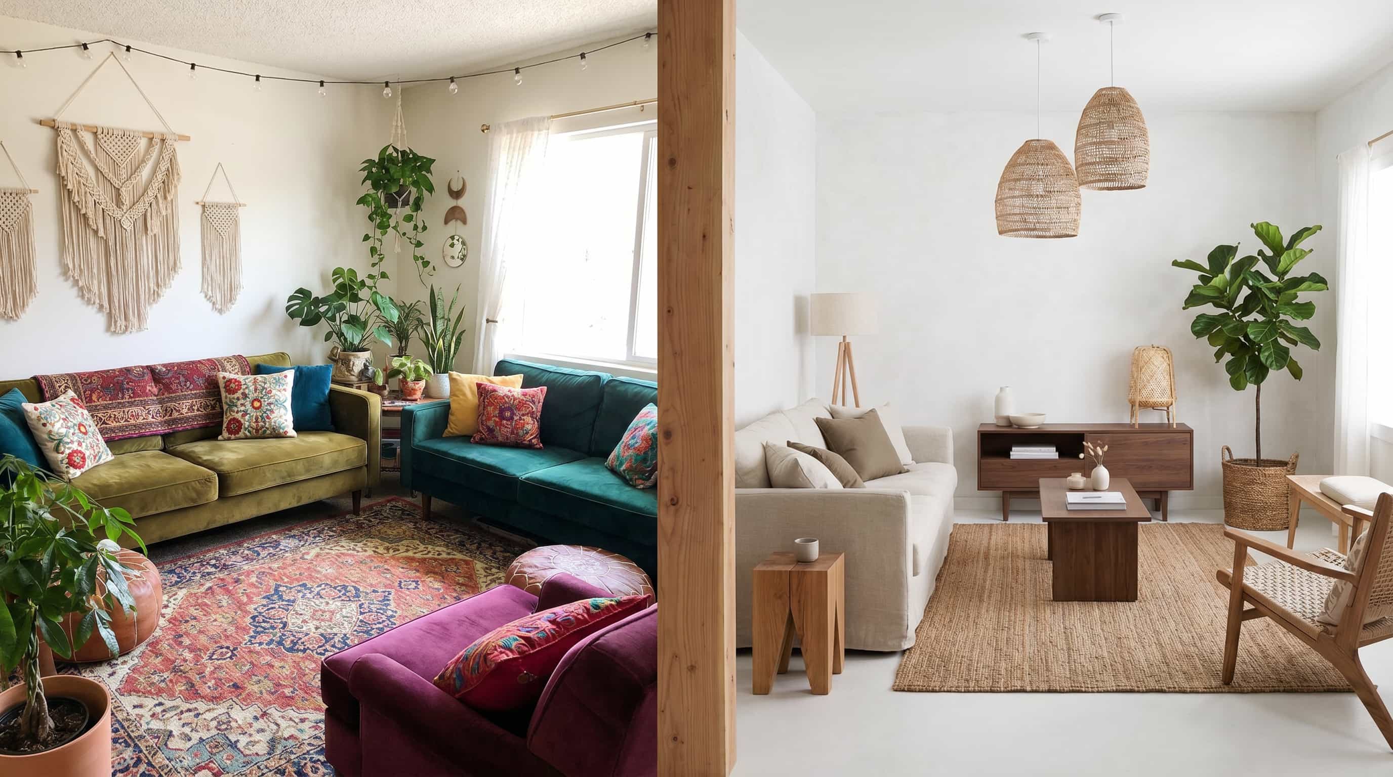 Bohemian interior design comparison showing classic colorful boho style beside a modern minimalist boho living room.