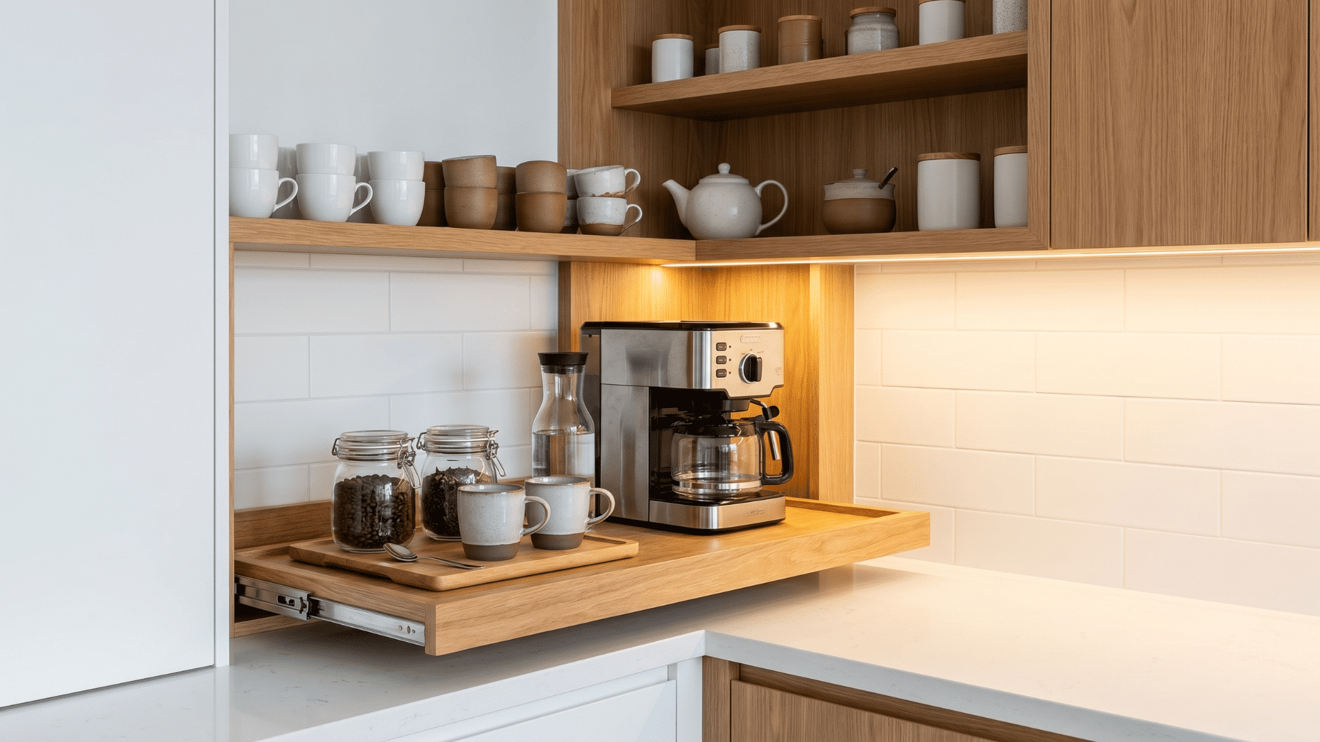 Kitchen coffee corner with mugs, jars, coffee machine, and floating shelves in a clean modern setup.