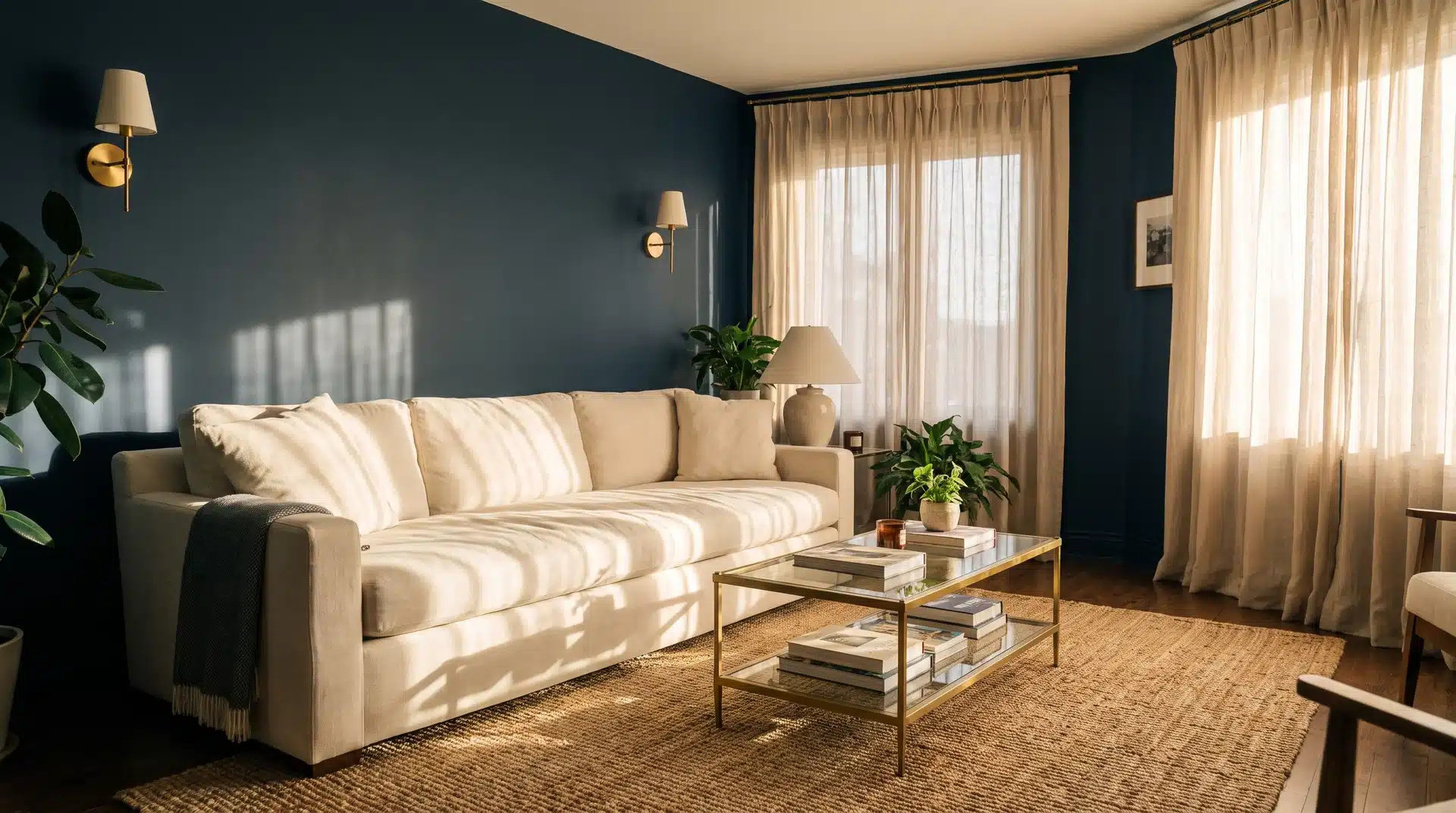 Full living room with Benjamin Moore Hale Navy walls cream sofa warm brass sconces and jute rug.