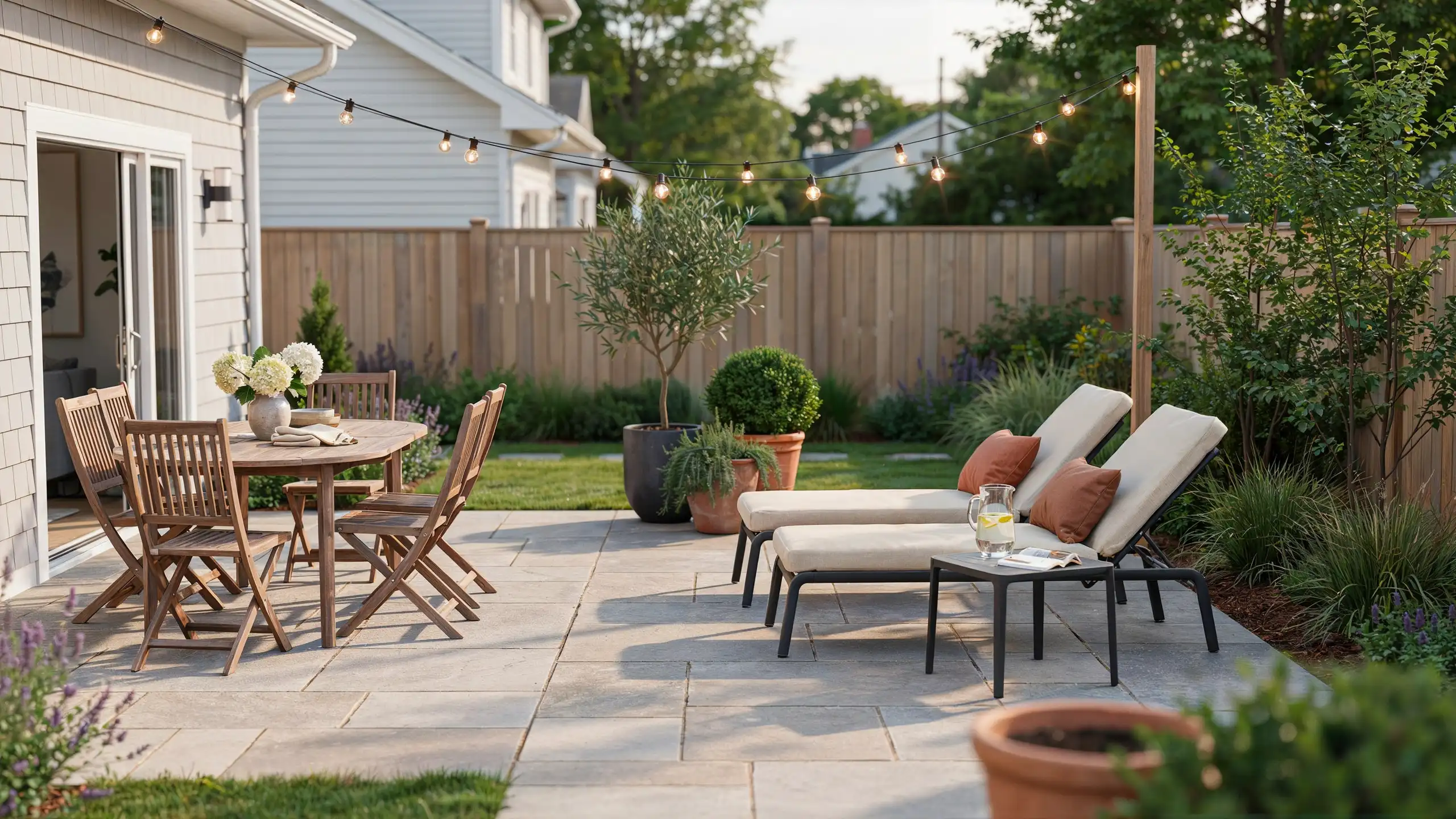 Compact backyard patio with seating, dining space, and flexible outdoor furniture arrangement.