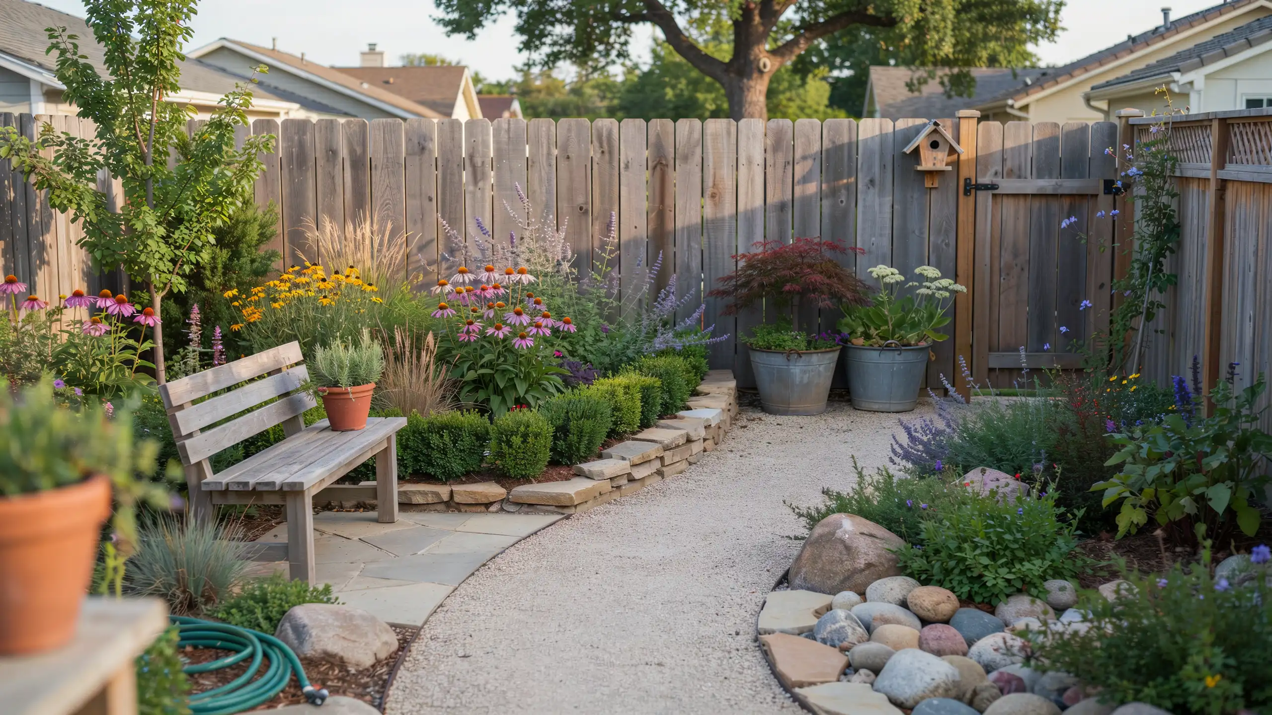Backyard pollinator garden filled with native flowers attracting bees and butterflies.