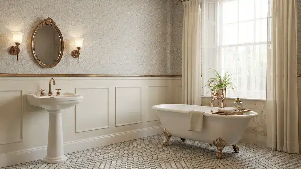 Modern Victorian bathroom with clawfoot tub, brass fixtures, and classic details.