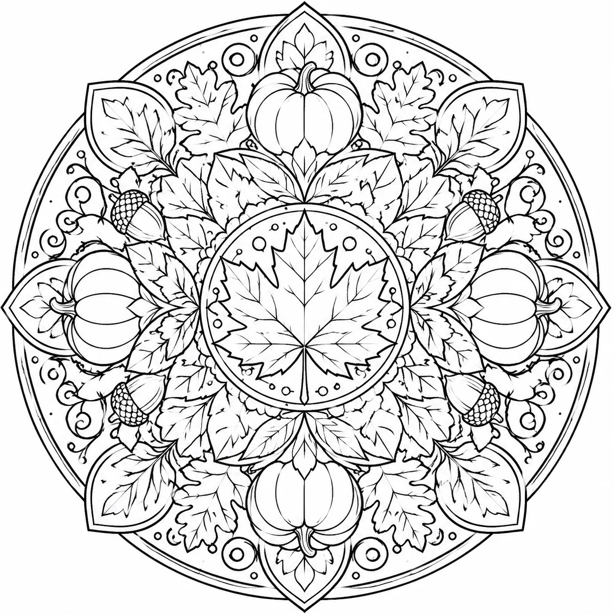 Detailed fall mandala coloring page with autumn leaves, pumpkins, acorns, and symmetrical black and white patterns for adults.