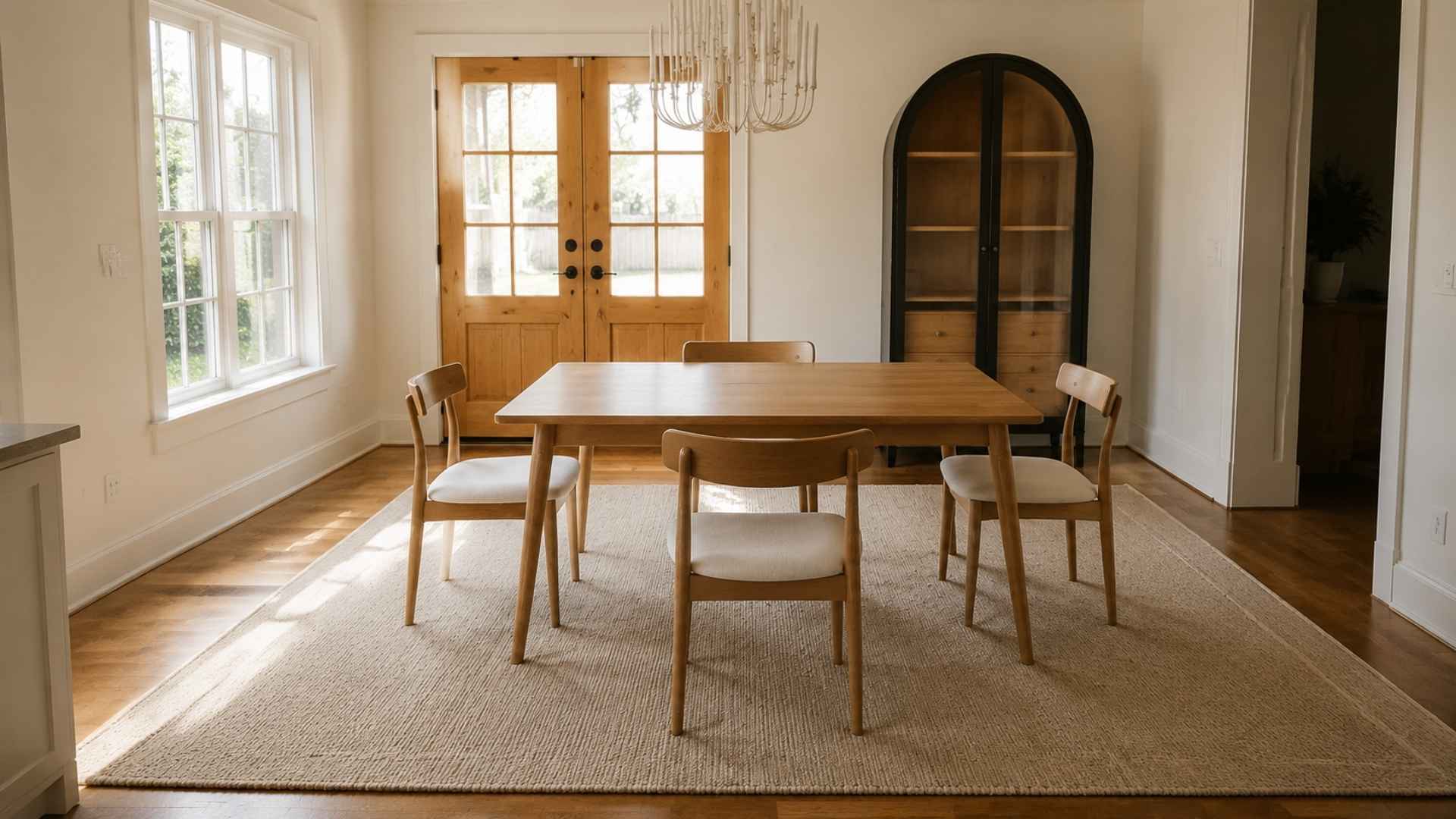 A minimalist wooden dining table with four matching chairs set on a large neutral area rug in a bright room.