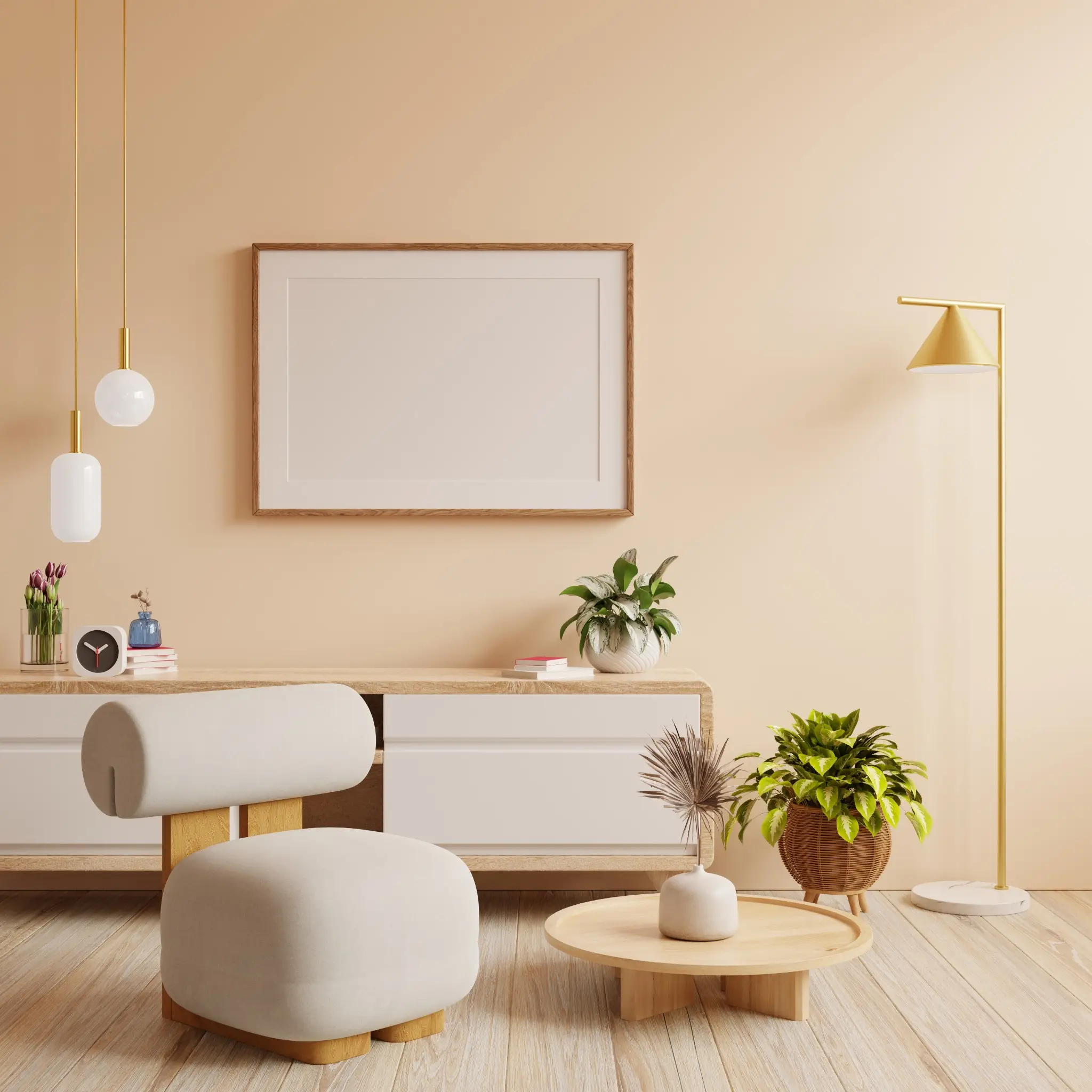 Minimalist living room with beige armchair, wooden coffee table, and indoor plants on light wood flooring