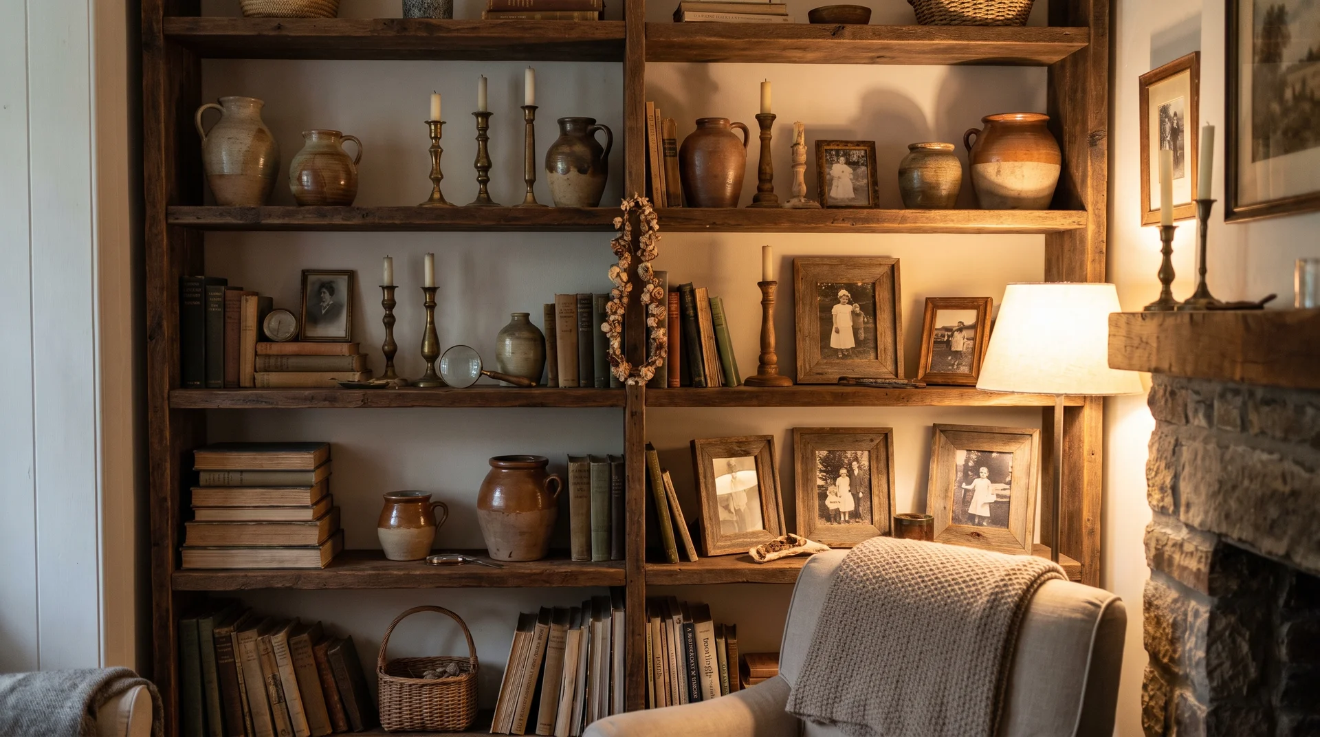 Cottage bookshelf with books, pottery, and collected vintage decor.