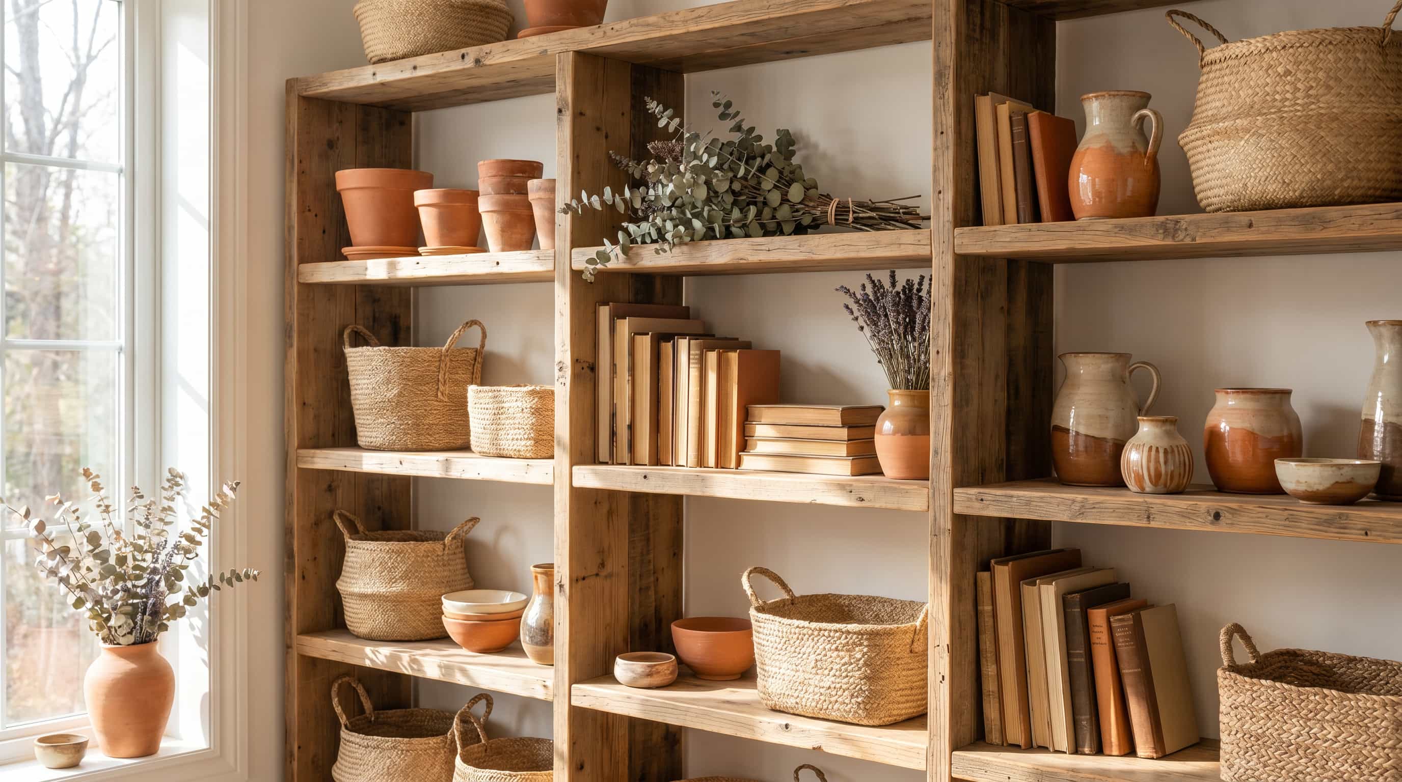 Bohemian interior design shelving displaying pottery, woven baskets, books, and collected natural decorative objects.