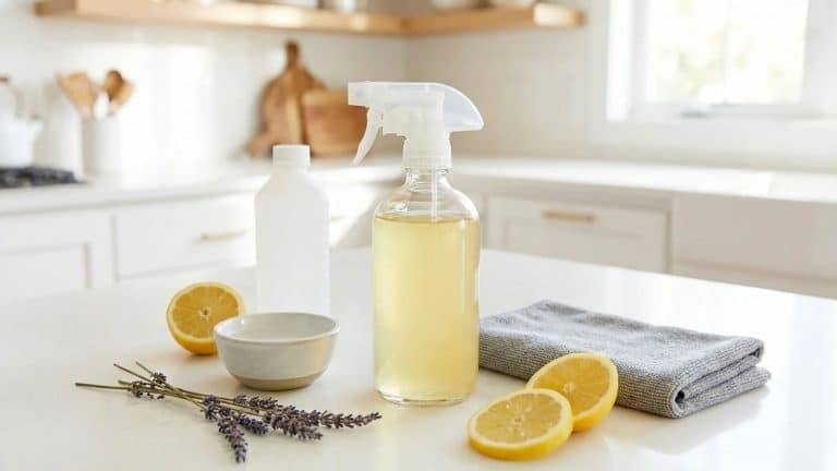 DIY disinfectant spray with lemons, lavender, vinegar, and reusable cloth on a bright kitchen counter.