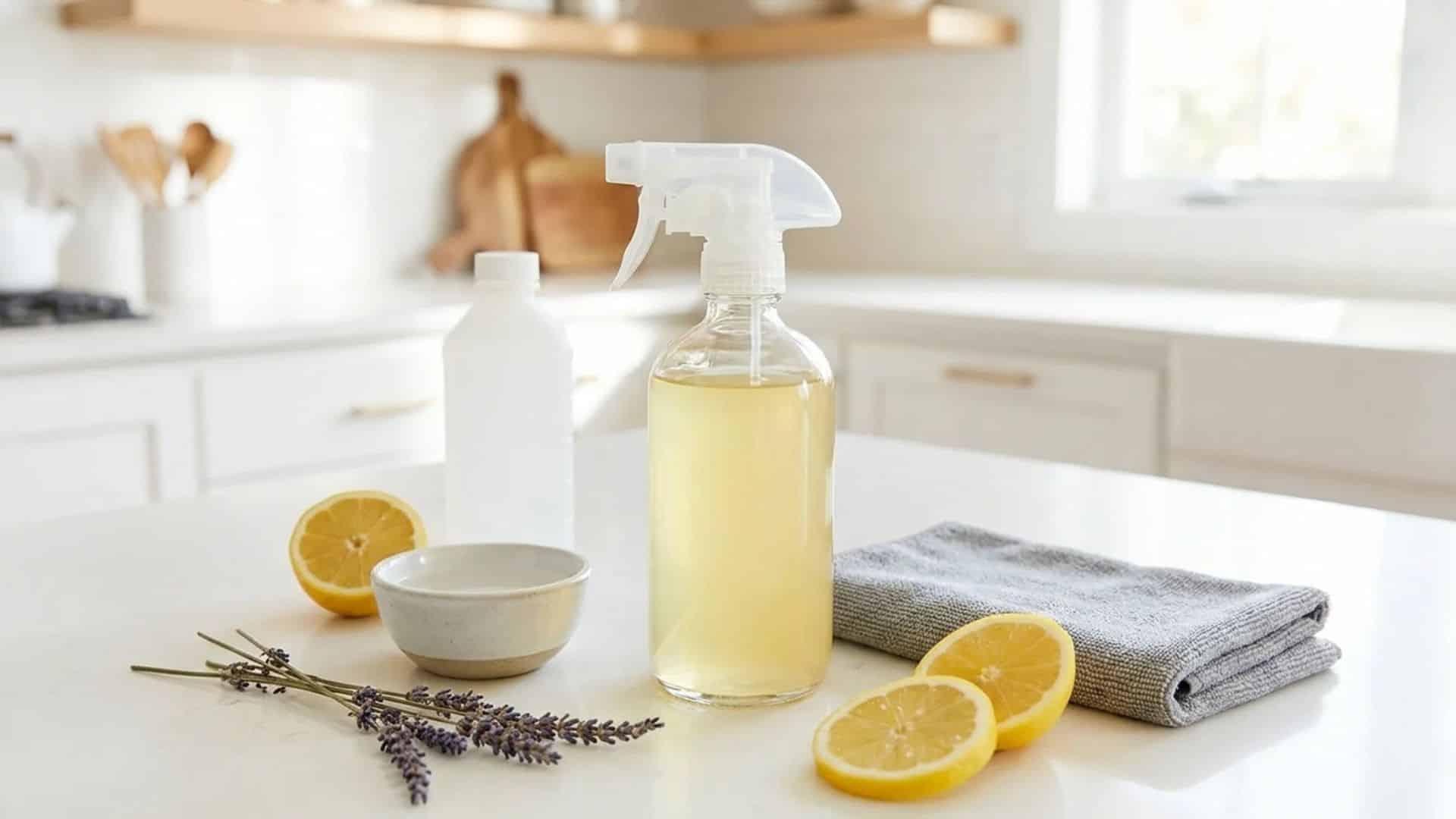 DIY disinfectant spray with lemons, lavender, vinegar, and reusable cloth on a bright kitchen counter.