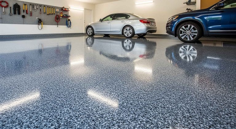 Glossy gray epoxy garage floor with decorative speckles, reflecting a silver sedan and a blue SUV under bright lights."