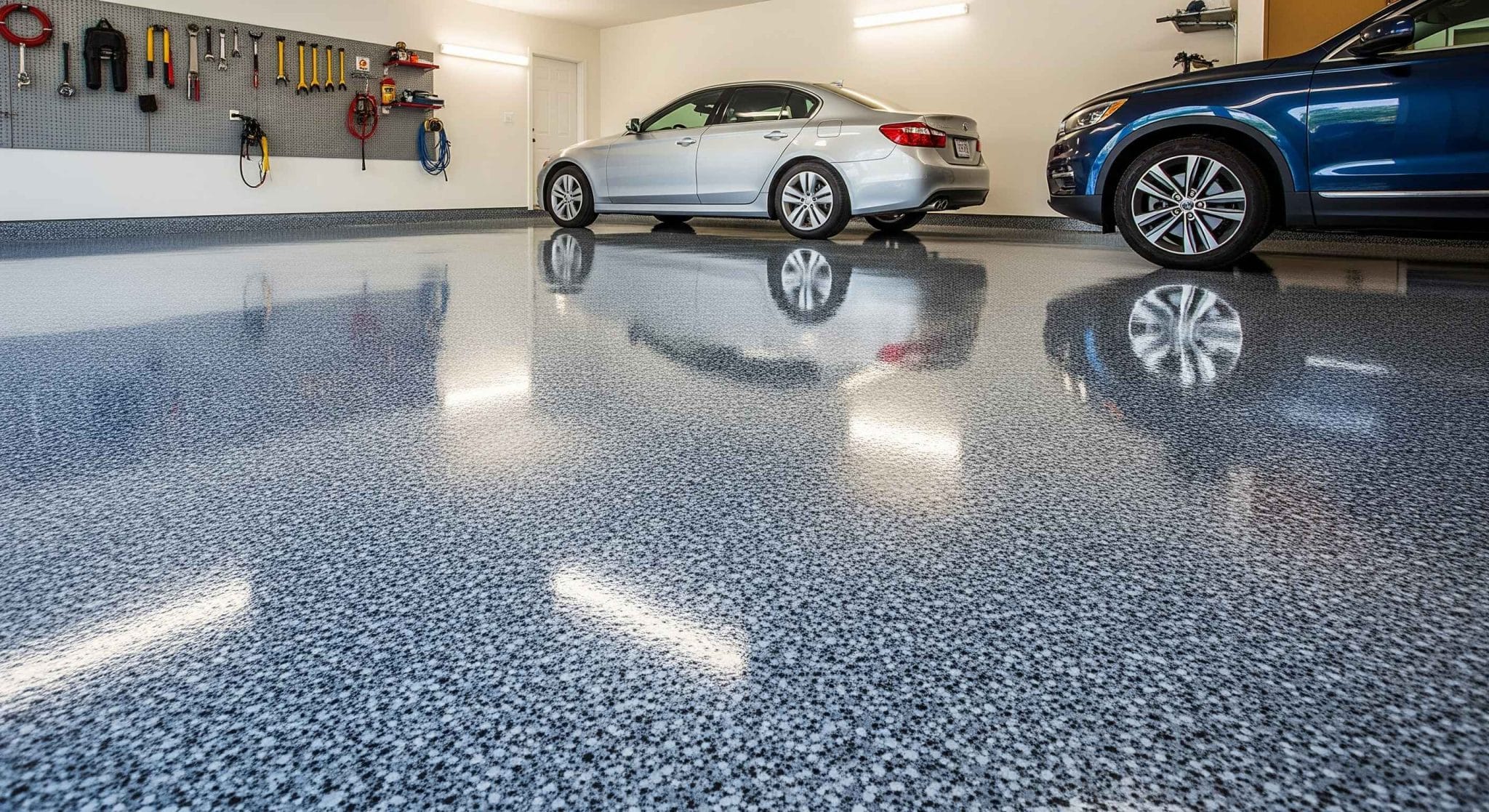 Glossy gray epoxy garage floor with decorative speckles, reflecting a silver sedan and a blue SUV under bright lights."