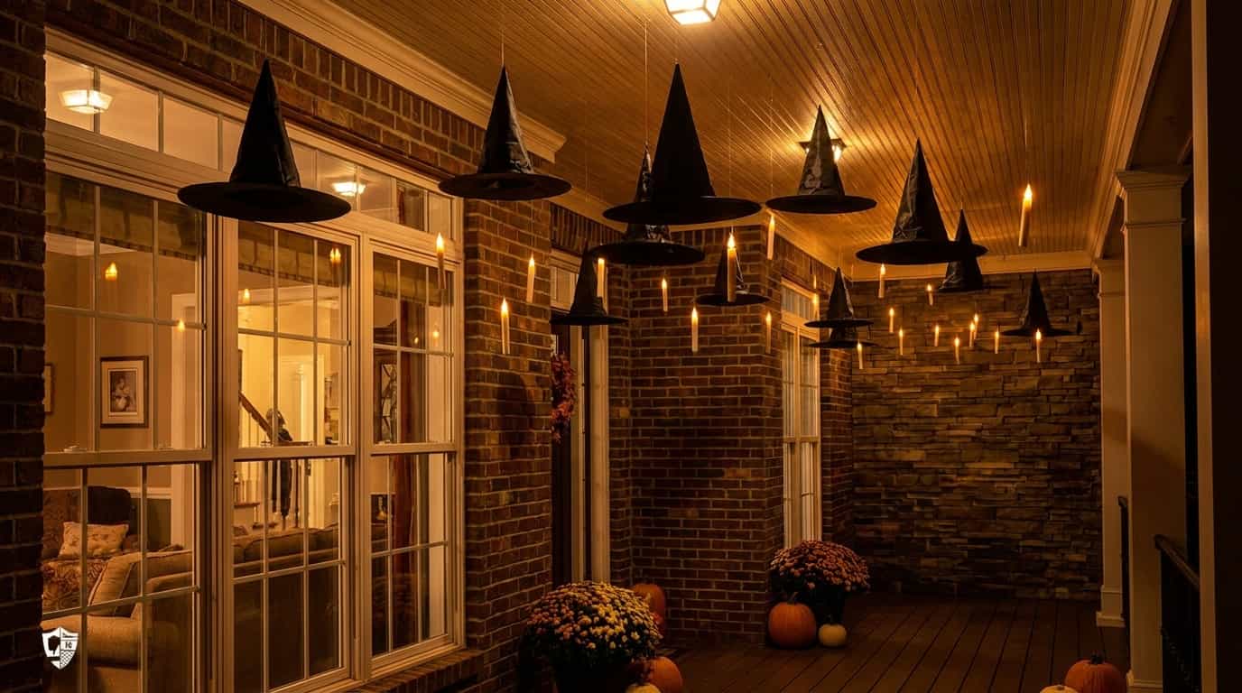 Floating witch hats with glowing lights hanging from a Halloween porch ceiling