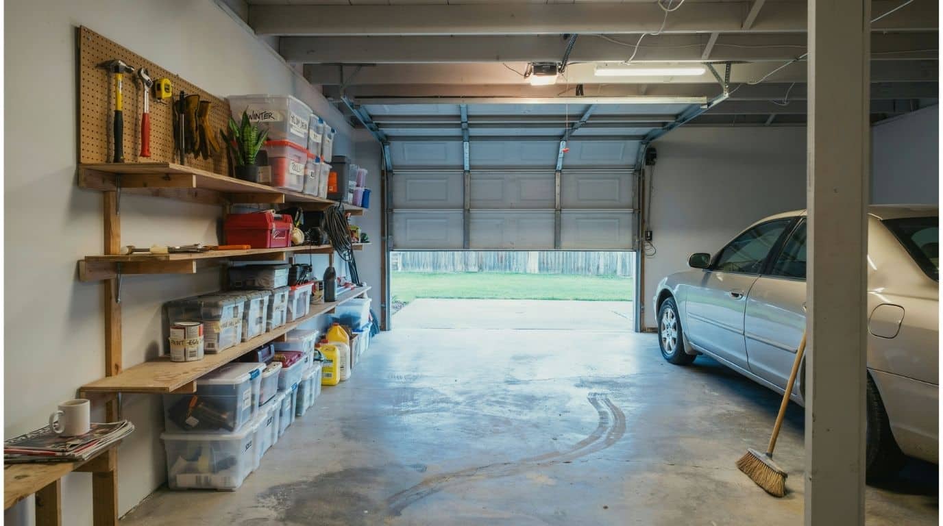 DIY garage shelves built from wood, mounted on the wall and holding labeled totes, tools, and paint cans in an organized garage.